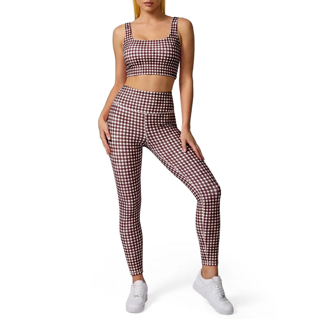 Aoysky Women'S Universal 2-Piece Gingham Print Activewear Set - Padded Ruched Crop Tank, High Waist Leggings, Gym Workout, Women'S Workout Sets