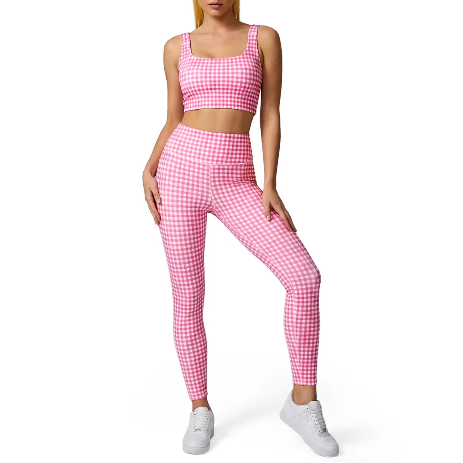 Aoysky Women'S Universal 2-Piece Gingham Print Activewear Set - Padded Ruched Crop Tank, High Waist Leggings, Gym Workout, Women'S Workout Sets