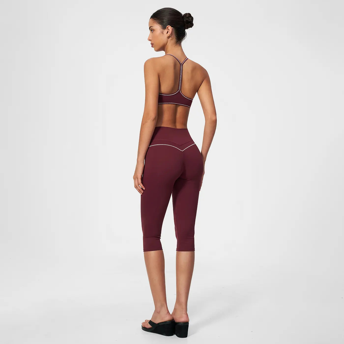 MFVIM Women'S 2-Piece Color-Block Trim Yoga Set - Y-Back Design, High-Waisted Peach-Lift below Knee Shorts, Nude-Feel Female Workout Outfit for All Seasons