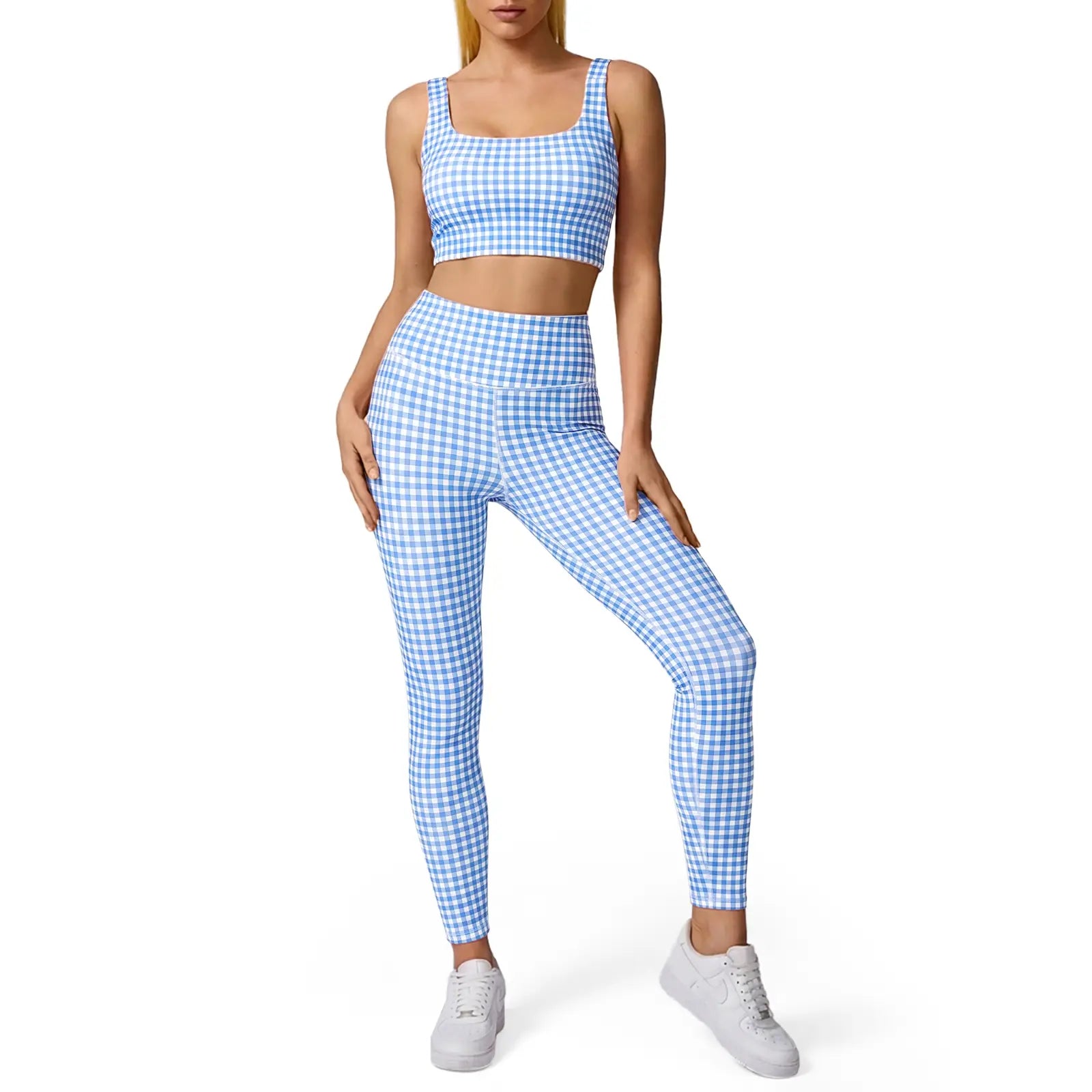 Aoysky Women'S Universal 2-Piece Gingham Print Activewear Set - Padded Ruched Crop Tank, High Waist Leggings, Gym Workout, Women'S Workout Sets