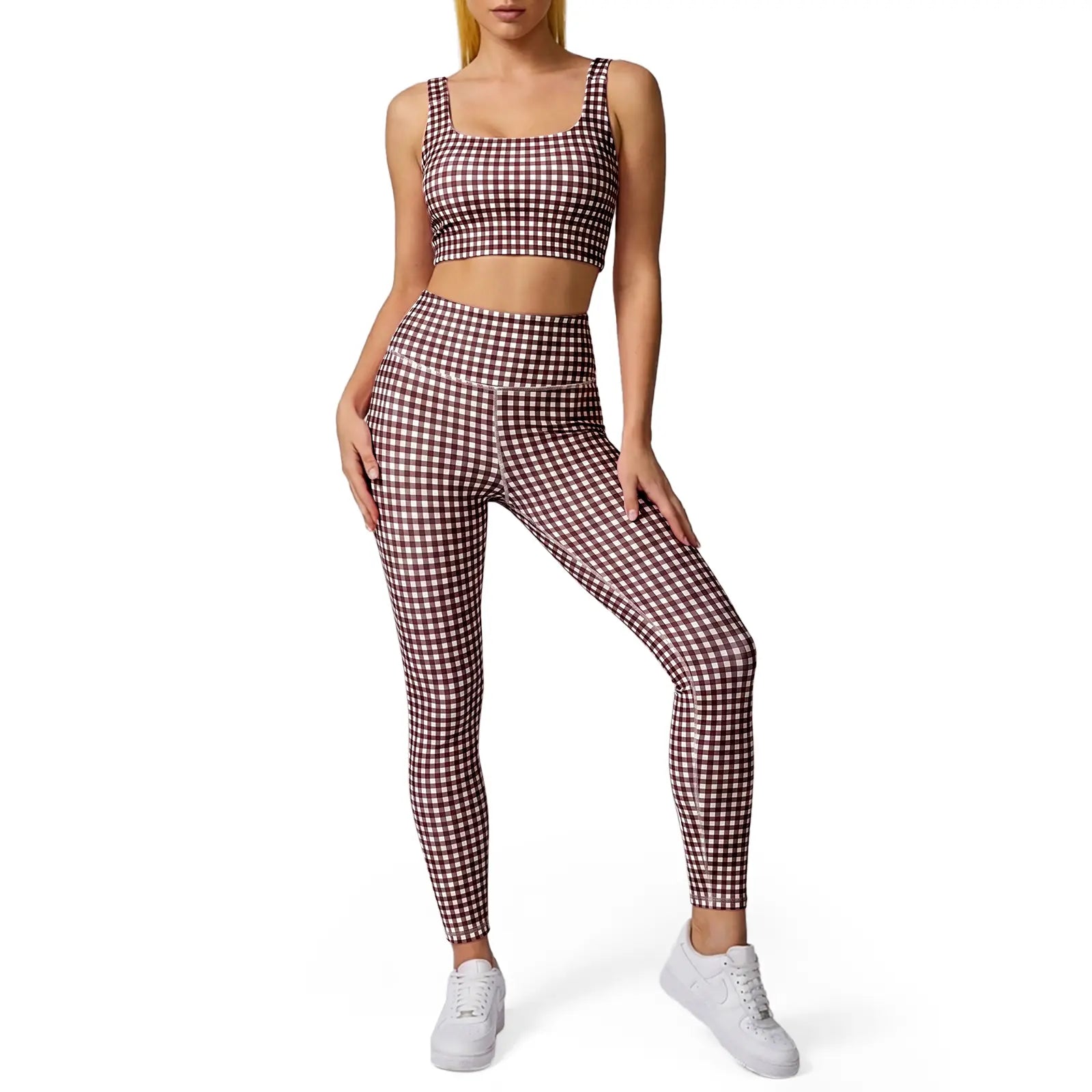 Aoysky Women'S Universal 2-Piece Gingham Print Activewear Set - Padded Ruched Crop Tank, High Waist Leggings, Gym Workout, Women'S Workout Sets