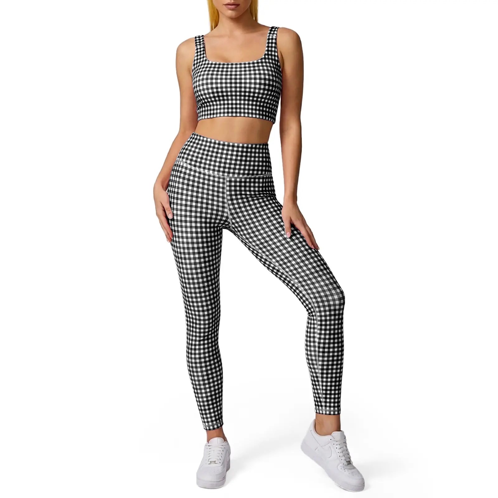 Aoysky Women'S Universal 2-Piece Gingham Print Activewear Set - Padded Ruched Crop Tank, High Waist Leggings, Gym Workout, Women'S Workout Sets