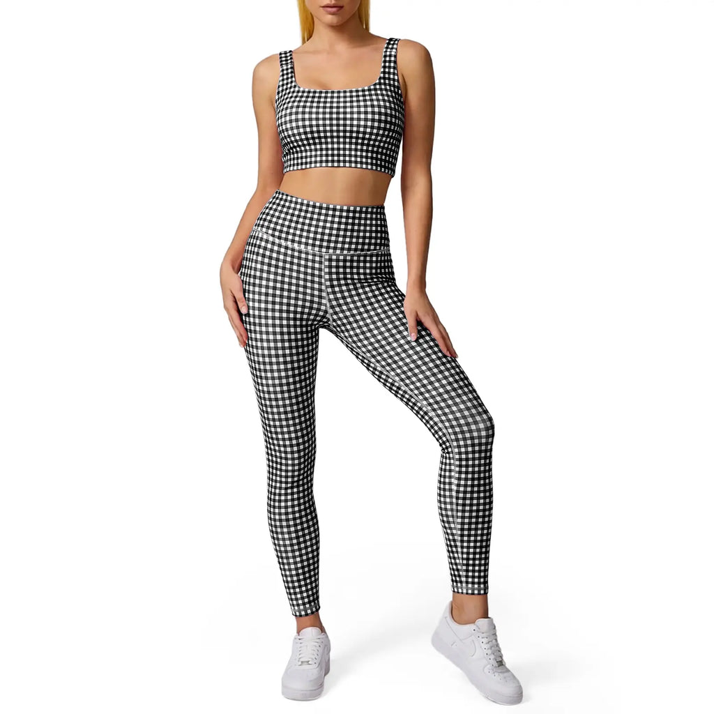 Aoysky Women'S Universal 2-Piece Gingham Print Activewear Set - Padded Ruched Crop Tank, High Waist Leggings, Gym Workout, Women'S Workout Sets