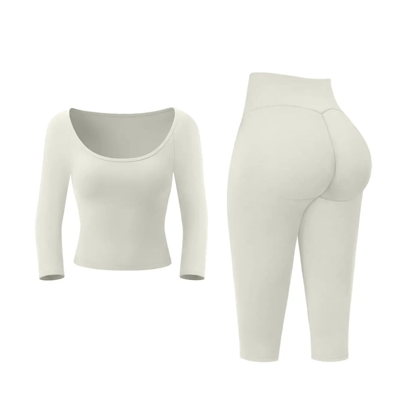 MFVIM Women’S Pure-Yet-Sensual Off-The-Shoulder Slim-Fit, Waist-Cinching, Second-Skin Feel 3/4-Sleeve Yoga Pants Two-Piece Set; High-Waisted, Tummy Control Shaping for Fitness and Pilates, Suitable for Everyday Wear.