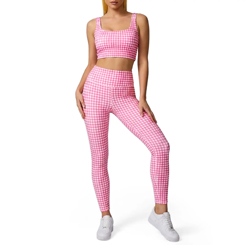 Aoysky Women'S Universal 2-Piece Gingham Print Activewear Set - Padded Ruched Crop Tank, High Waist Leggings, Gym Workout, Women'S Workout Sets