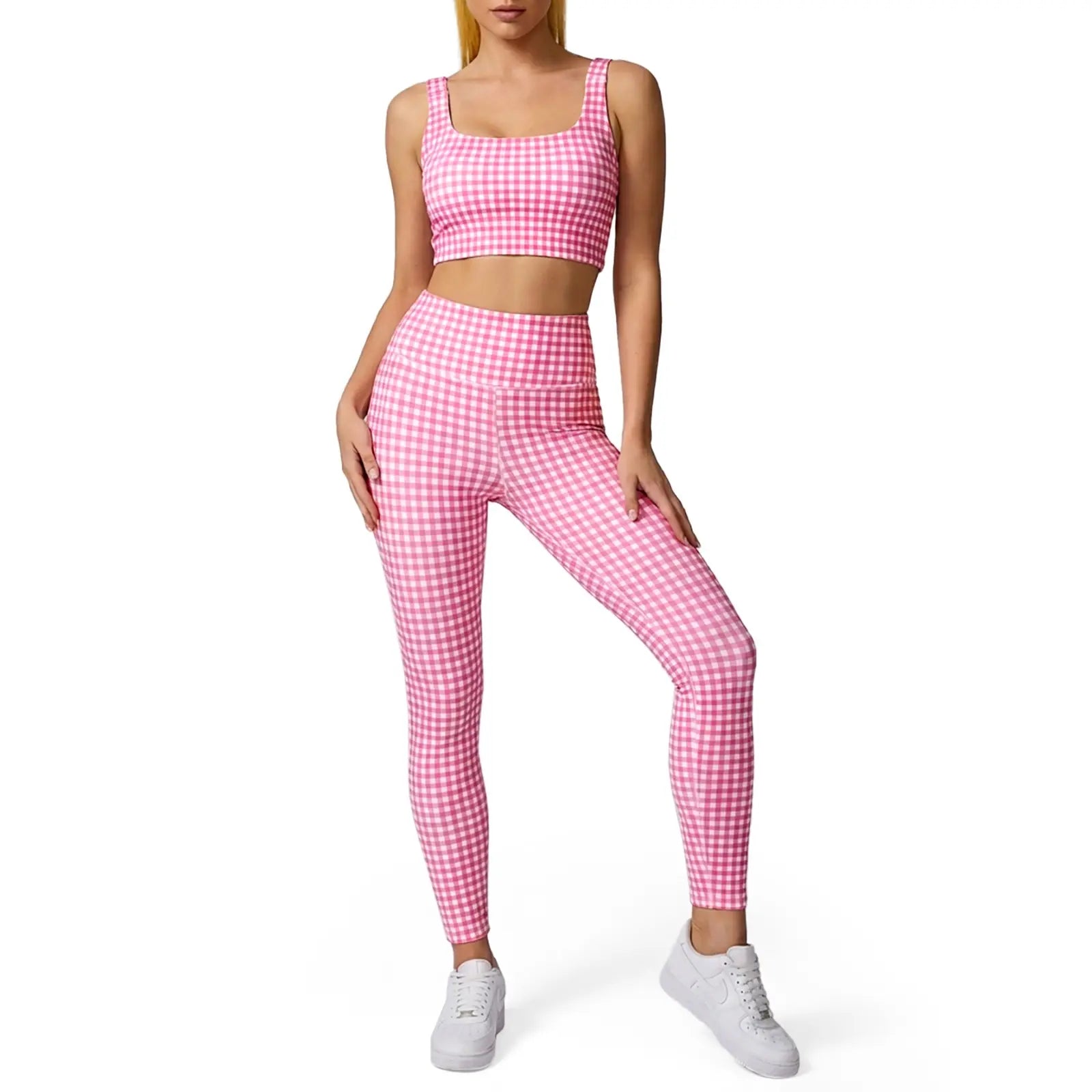 Aoysky Women'S Universal 2-Piece Gingham Print Activewear Set - Padded Ruched Crop Tank, High Waist Leggings, Gym Workout, Women'S Workout Sets