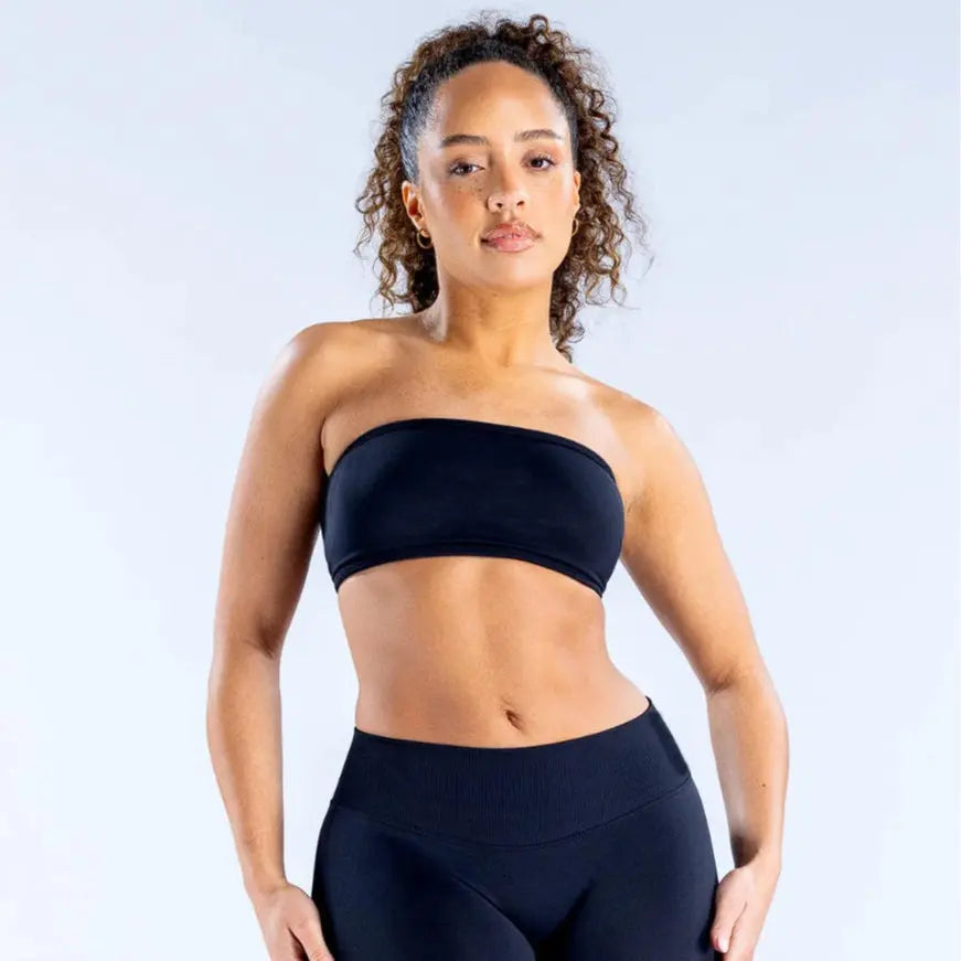 (With Logo) DFYNE Women'S Nylon Polyamid Seamless Strapless Sports Bra, No Slip Strappy Back Bandeau, Supportive Female Wear Crop Top for Gym & HIIT, Yoga, Pilates Workout Bra Athleisure Bra