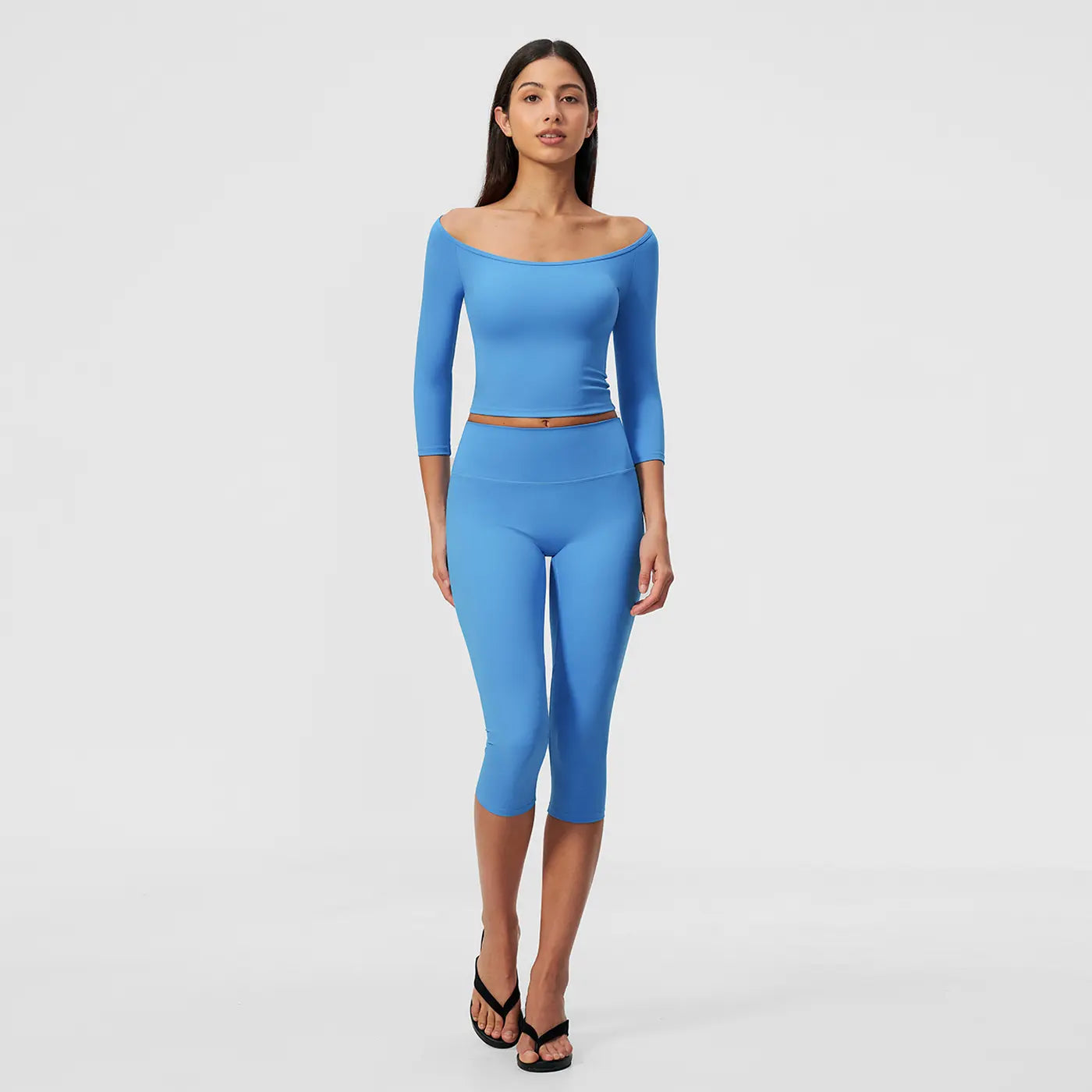 MFVIM Women’S Pure-Yet-Sensual Off-The-Shoulder Slim-Fit, Waist-Cinching, Second-Skin Feel 3/4-Sleeve Yoga Pants Two-Piece Set; High-Waisted, Tummy Control Shaping for Fitness and Pilates, Suitable for Everyday Wear.