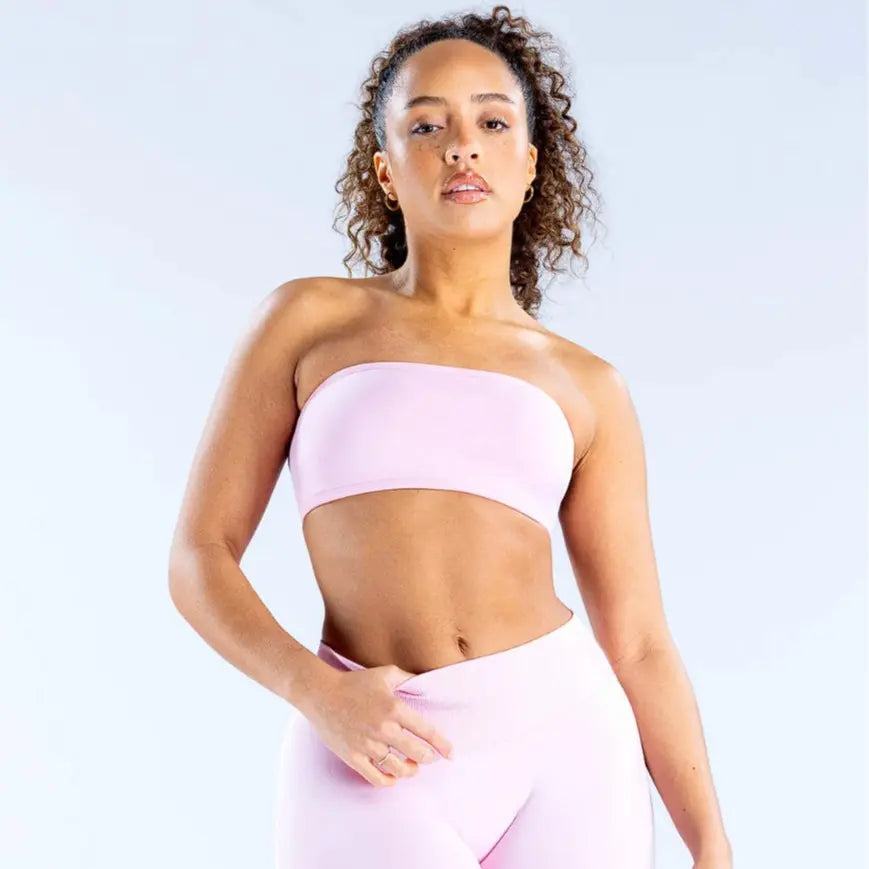 (With Logo) DFYNE Women'S Nylon Polyamid Seamless Strapless Sports Bra, No Slip Strappy Back Bandeau, Supportive Female Wear Crop Top for Gym & HIIT, Yoga, Pilates Workout Bra Athleisure Bra