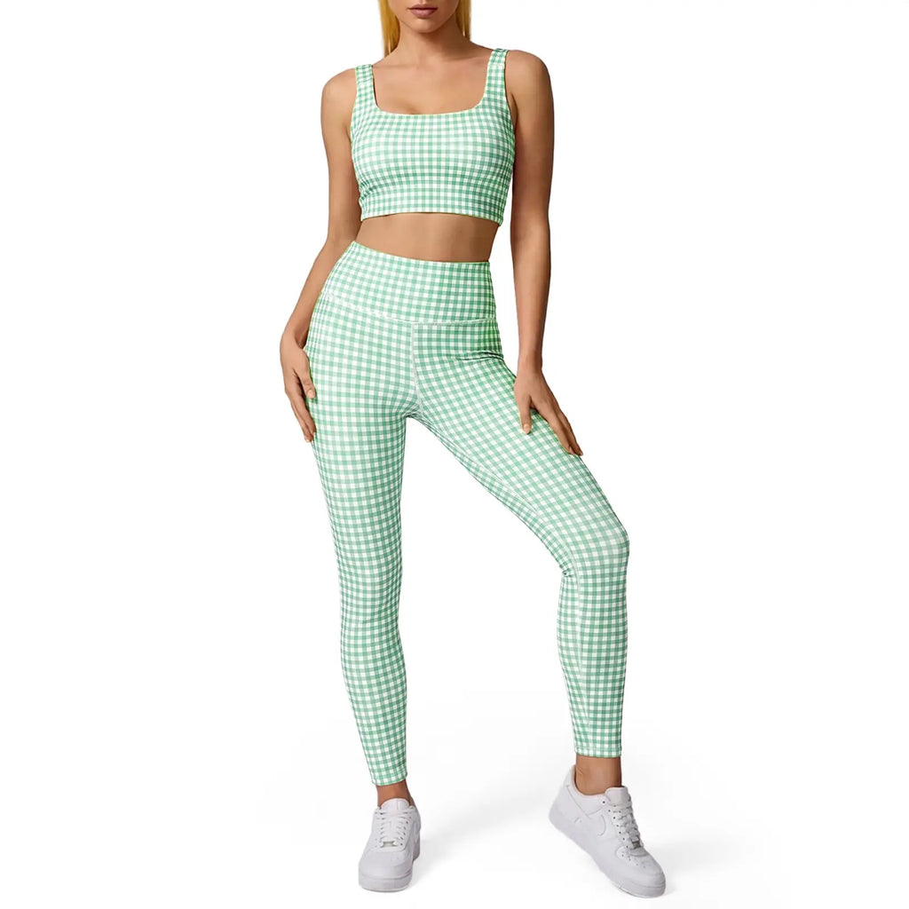 Aoysky Women'S Universal 2-Piece Gingham Print Activewear Set - Padded Ruched Crop Tank, High Waist Leggings, Gym Workout, Women'S Workout Sets