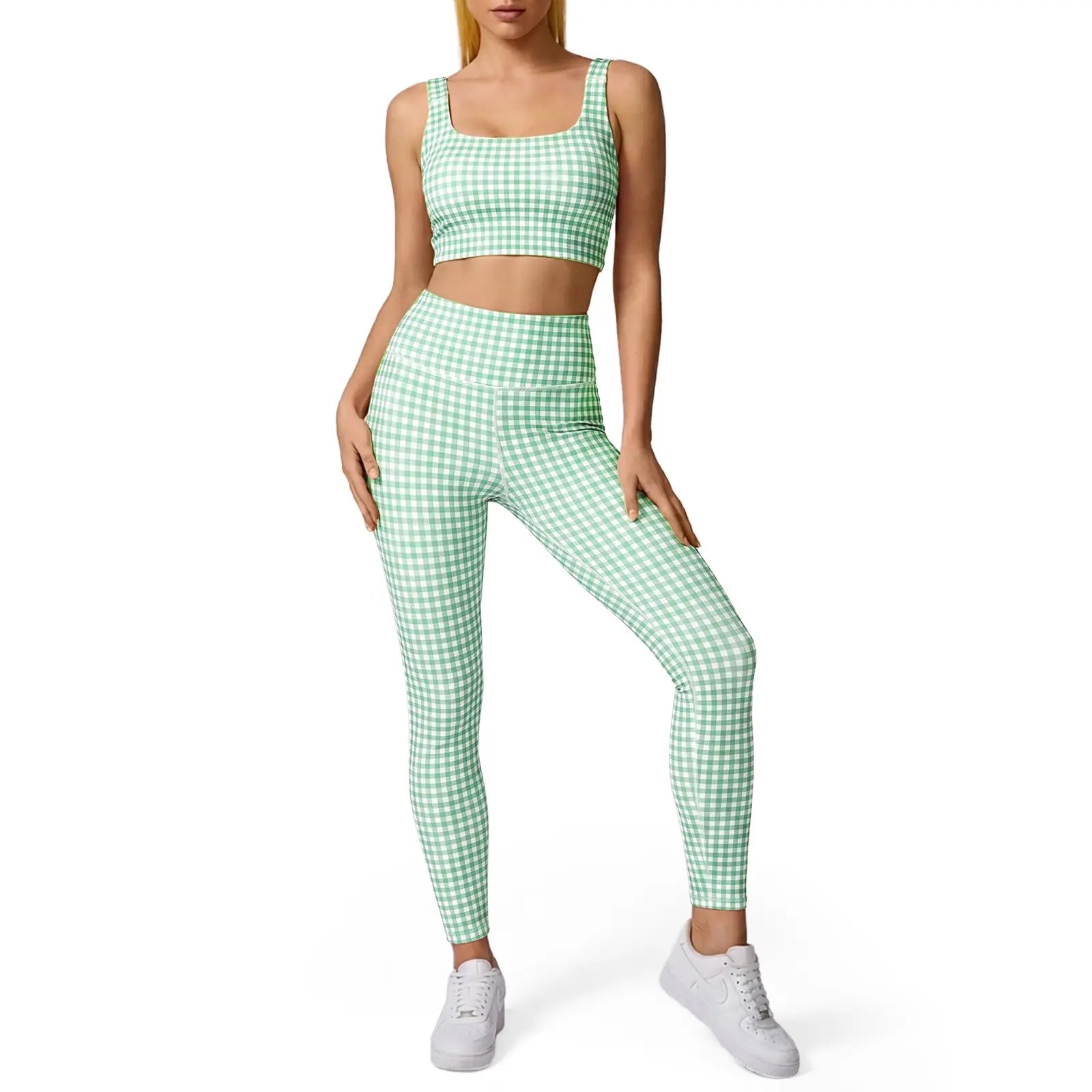 Aoysky Women'S Universal 2-Piece Gingham Print Activewear Set - Padded Ruched Crop Tank, High Waist Leggings, Gym Workout, Women'S Workout Sets