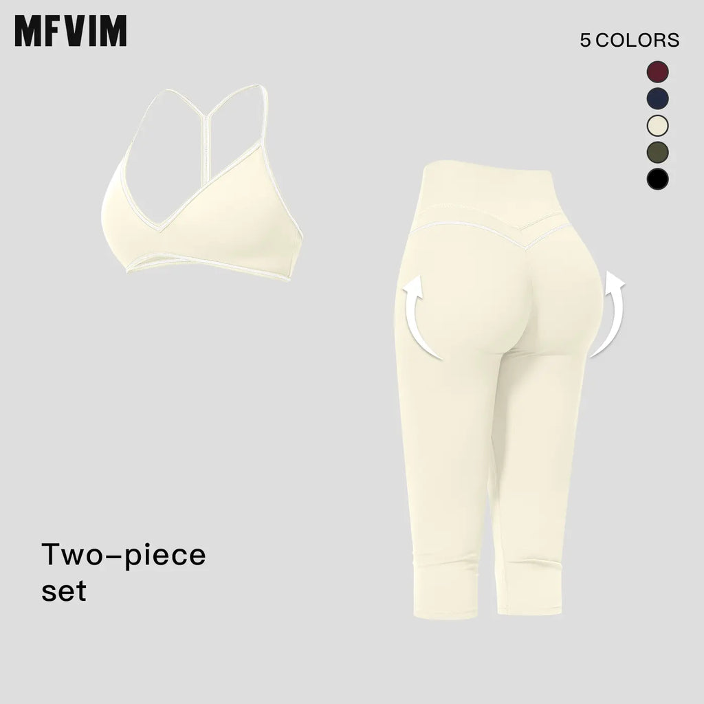 MFVIM Women'S 2-Piece Color-Block Trim Yoga Set - Y-Back Design, High-Waisted Peach-Lift below Knee Shorts, Nude-Feel Female Workout Outfit for All Seasons