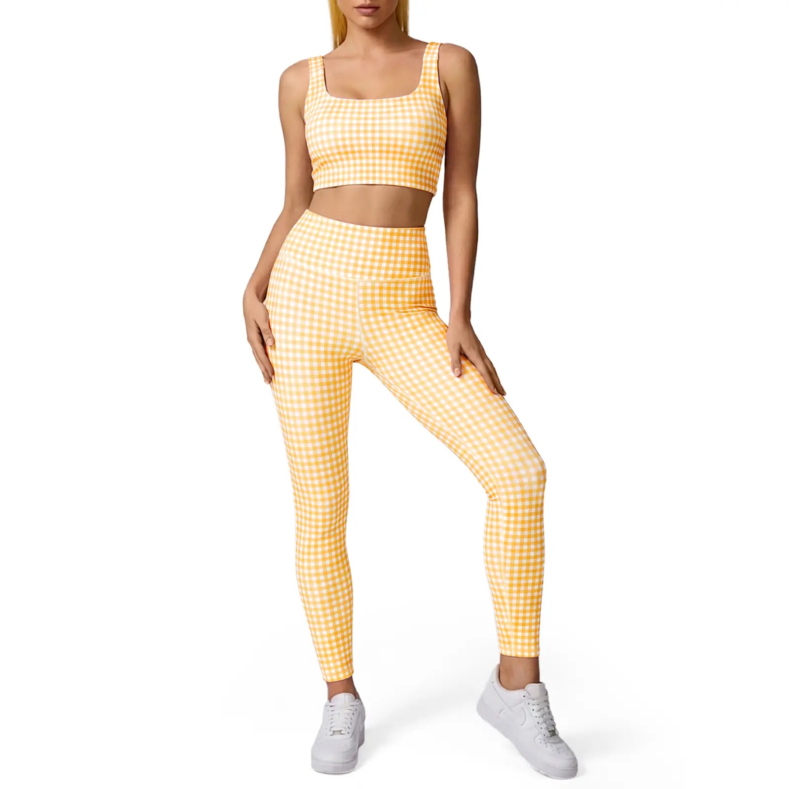 Aoysky Women'S Universal 2-Piece Gingham Print Activewear Set - Padded Ruched Crop Tank, High Waist Leggings, Gym Workout, Women'S Workout Sets