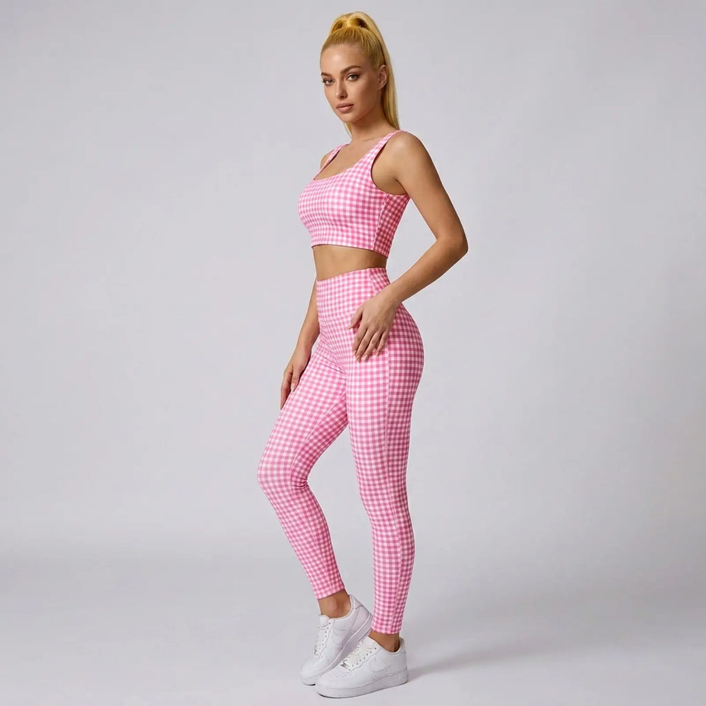 Aoysky Women'S Universal 2-Piece Gingham Print Activewear Set - Padded Ruched Crop Tank, High Waist Leggings, Gym Workout, Women'S Workout Sets