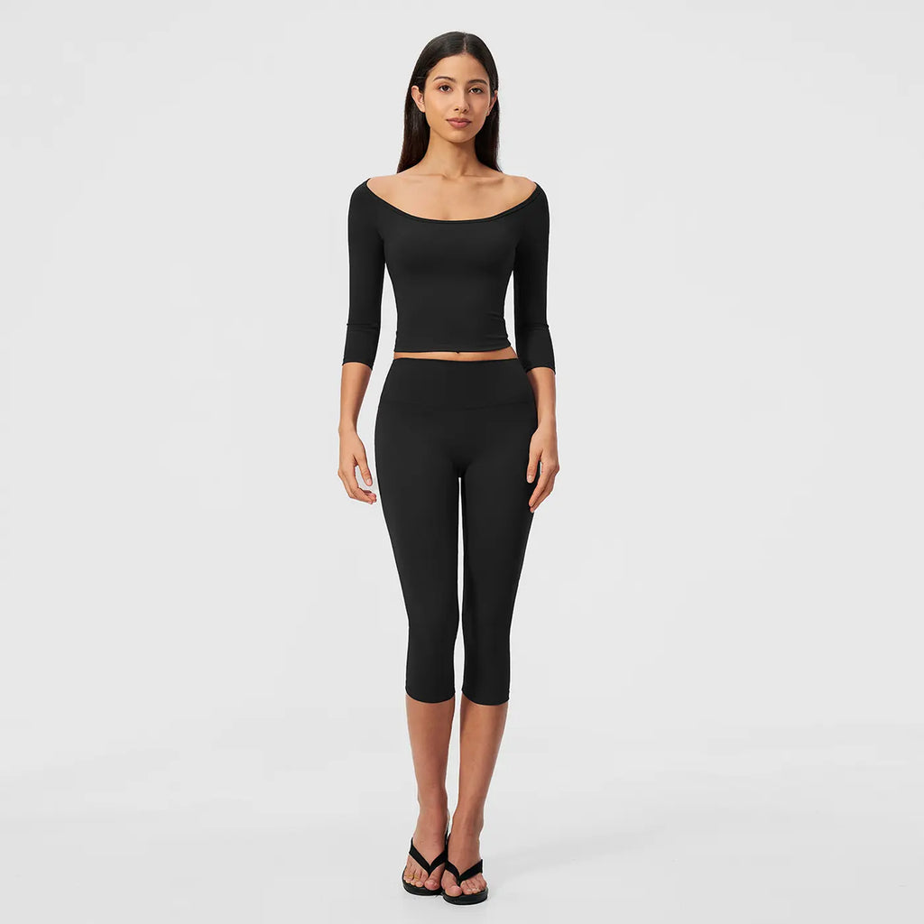 MFVIM Women’S Pure-Yet-Sensual Off-The-Shoulder Slim-Fit, Waist-Cinching, Second-Skin Feel 3/4-Sleeve Yoga Pants Two-Piece Set; High-Waisted, Tummy Control Shaping for Fitness and Pilates, Suitable for Everyday Wear.