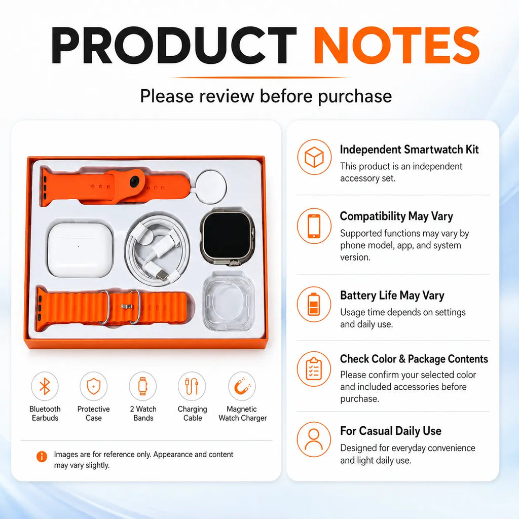 Wearable Device Kit with Bluetooth Earbuds, Magnetic Charger, Type-C Cable & Protective Case