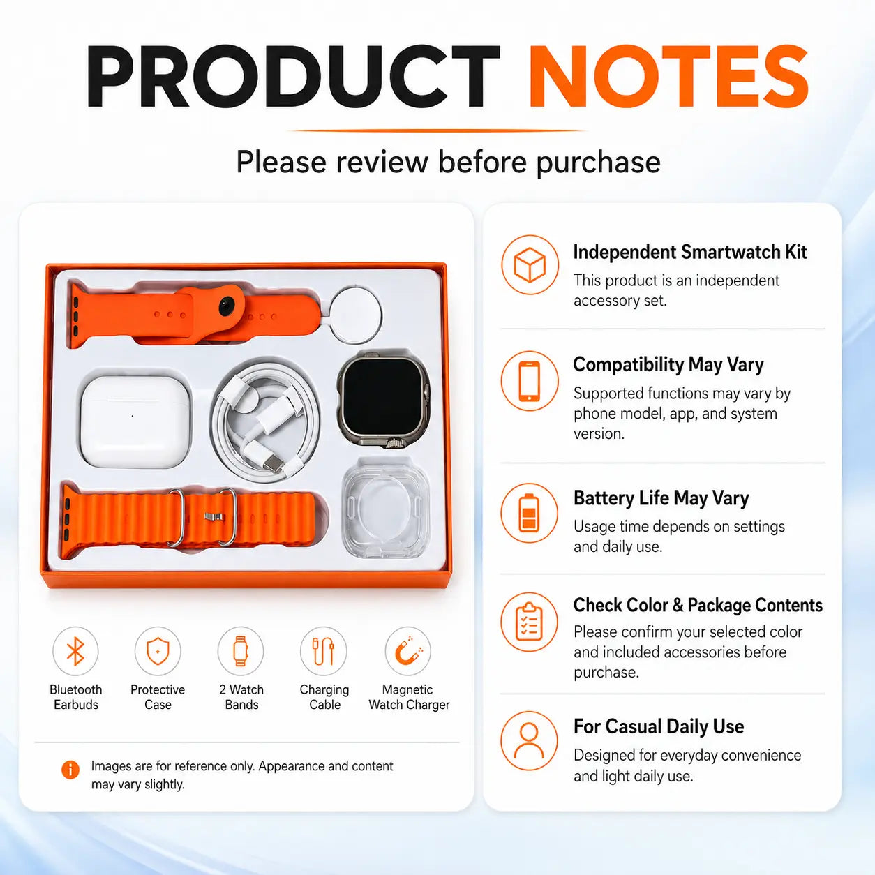 Wearable Device Kit with Bluetooth Earbuds, Magnetic Charger, Type-C Cable & Protective Case
