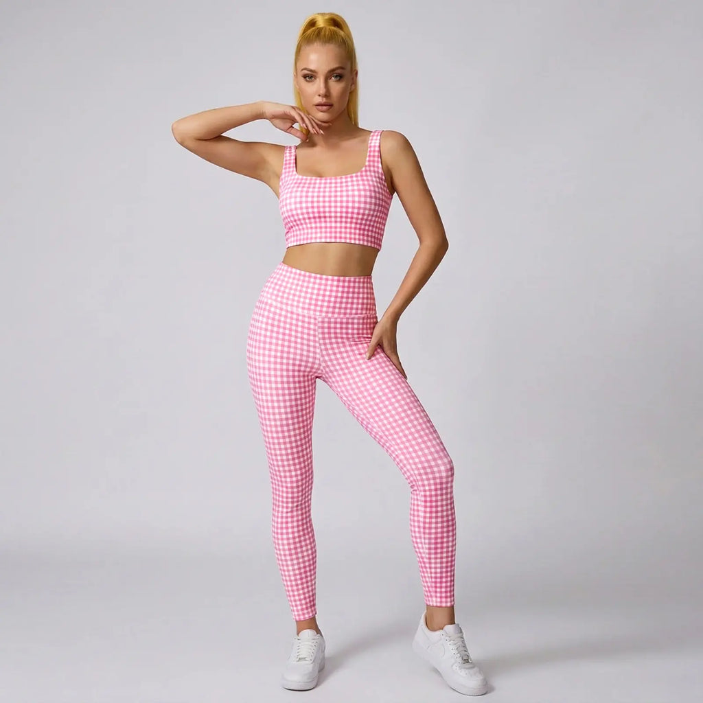Aoysky Women'S Universal 2-Piece Gingham Print Activewear Set - Padded Ruched Crop Tank, High Waist Leggings, Gym Workout, Women'S Workout Sets