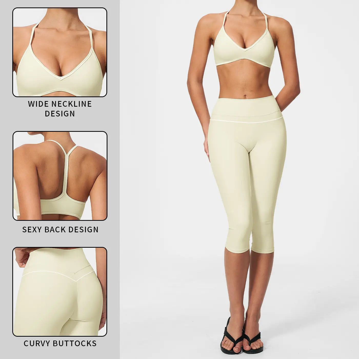 MFVIM Women'S 2-Piece Color-Block Trim Yoga Set - Y-Back Design, High-Waisted Peach-Lift below Knee Shorts, Nude-Feel Female Workout Outfit for All Seasons