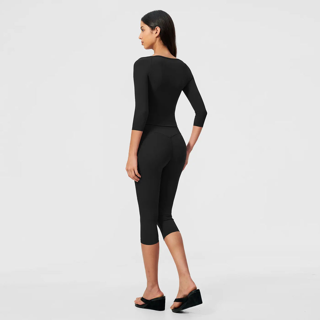MFVIM Women’S Pure-Yet-Sensual Off-The-Shoulder Slim-Fit, Waist-Cinching, Second-Skin Feel 3/4-Sleeve Yoga Pants Two-Piece Set; High-Waisted, Tummy Control Shaping for Fitness and Pilates, Suitable for Everyday Wear.
