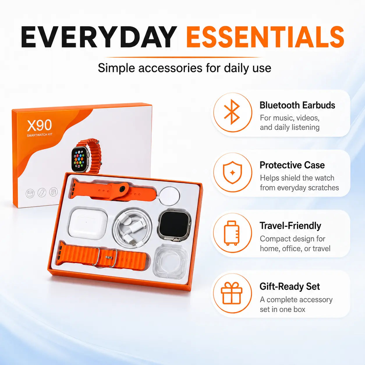 Wearable Device Kit with Bluetooth Earbuds, Magnetic Charger, Type-C Cable & Protective Case