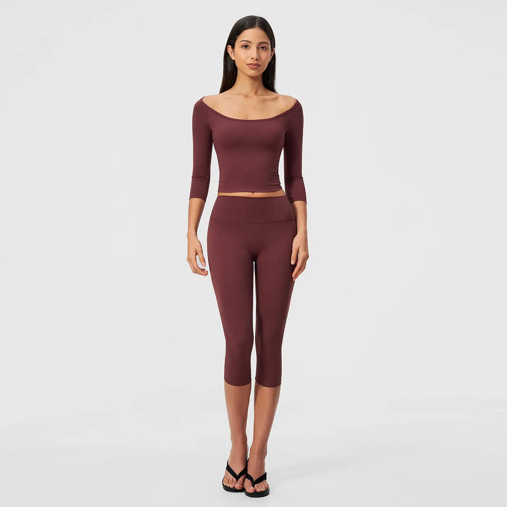 MFVIM Women’S Pure-Yet-Sensual Off-The-Shoulder Slim-Fit, Waist-Cinching, Second-Skin Feel 3/4-Sleeve Yoga Pants Two-Piece Set; High-Waisted, Tummy Control Shaping for Fitness and Pilates, Suitable for Everyday Wear.