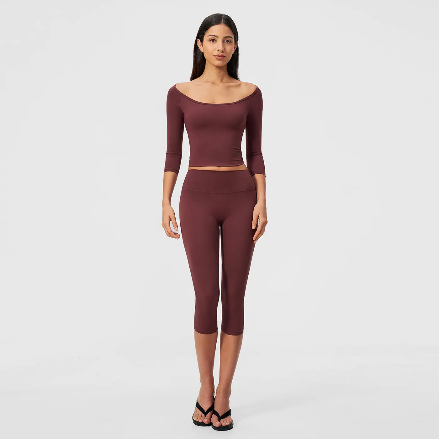 MFVIM Women’S Pure-Yet-Sensual Off-The-Shoulder Slim-Fit, Waist-Cinching, Second-Skin Feel 3/4-Sleeve Yoga Pants Two-Piece Set; High-Waisted, Tummy Control Shaping for Fitness and Pilates, Suitable for Everyday Wear.