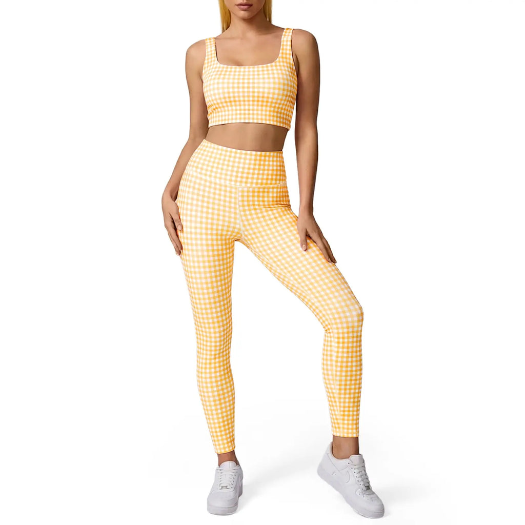 Aoysky Women'S Universal 2-Piece Gingham Print Activewear Set - Padded Ruched Crop Tank, High Waist Leggings, Gym Workout, Women'S Workout Sets