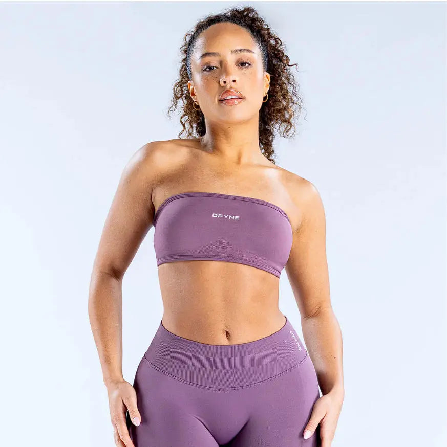 (With Logo) DFYNE Women'S Nylon Polyamid Seamless Strapless Sports Bra, No Slip Strappy Back Bandeau, Supportive Female Wear Crop Top for Gym & HIIT, Yoga, Pilates Workout Bra Athleisure Bra