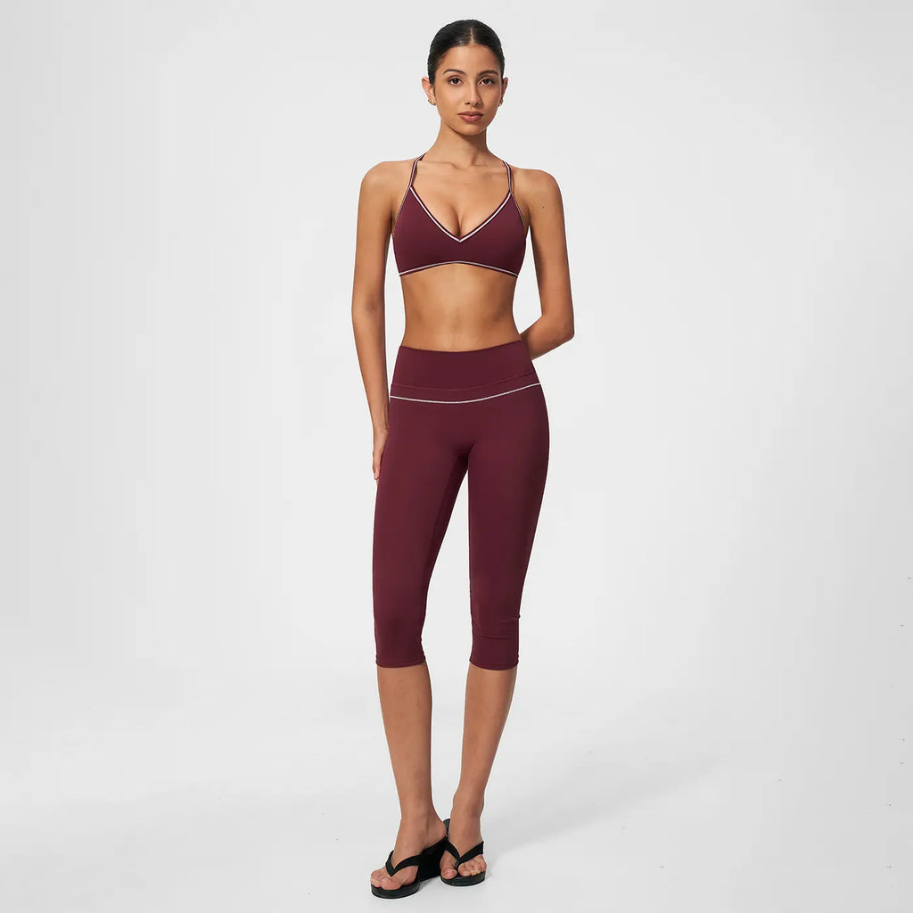 MFVIM Women'S 2-Piece Color-Block Trim Yoga Set - Y-Back Design, High-Waisted Peach-Lift below Knee Shorts, Nude-Feel Female Workout Outfit for All Seasons