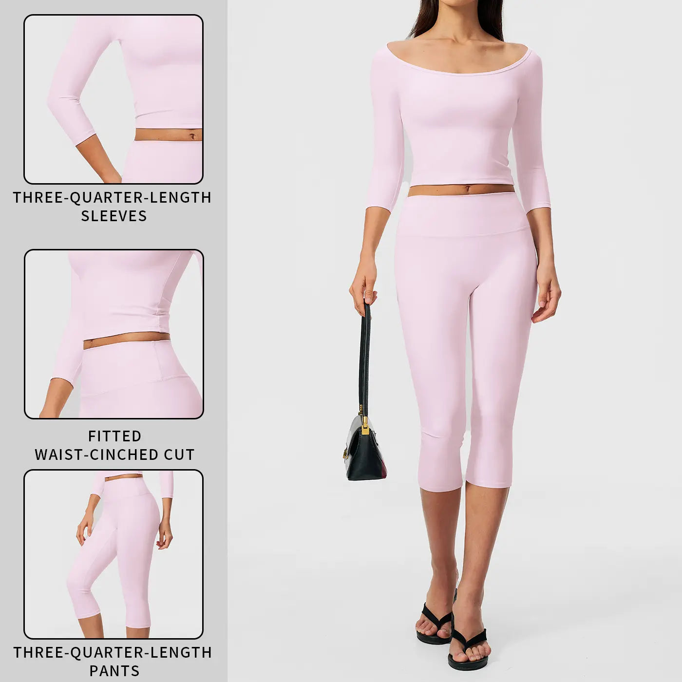 MFVIM Women’S Pure-Yet-Sensual Off-The-Shoulder Slim-Fit, Waist-Cinching, Second-Skin Feel 3/4-Sleeve Yoga Pants Two-Piece Set; High-Waisted, Tummy Control Shaping for Fitness and Pilates, Suitable for Everyday Wear.