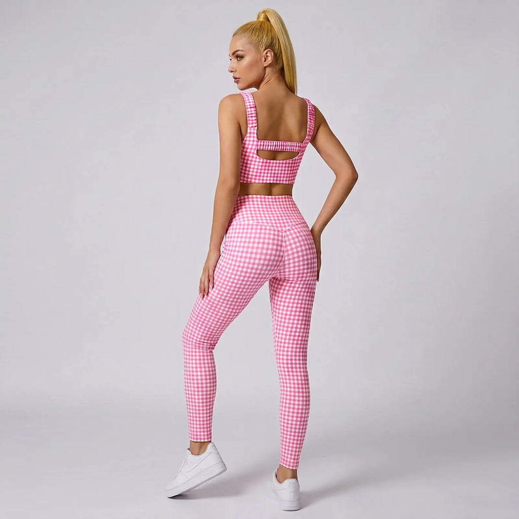 Aoysky Women'S Universal 2-Piece Gingham Print Activewear Set - Padded Ruched Crop Tank, High Waist Leggings, Gym Workout, Women'S Workout Sets