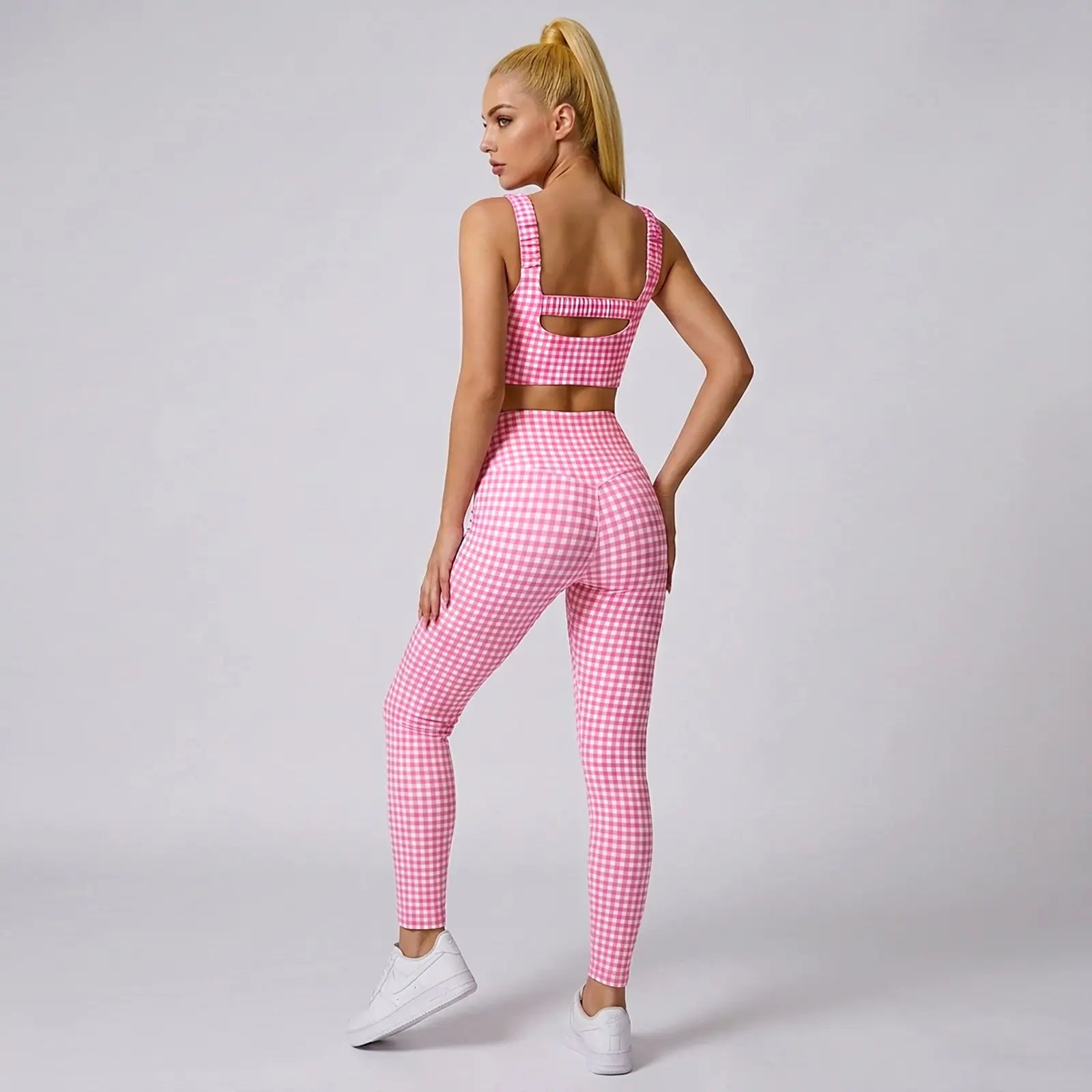 Aoysky Women'S Universal 2-Piece Gingham Print Activewear Set - Padded Ruched Crop Tank, High Waist Leggings, Gym Workout, Women'S Workout Sets